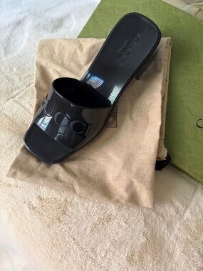 Gucci Black Patent Slide Mule with Logo Vamp